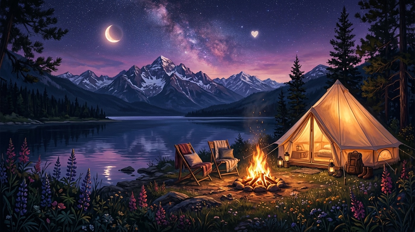 夜色营地中的双人桌游桌与暖色灯光
